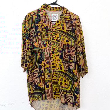 Vintage 80s High Low Printed Button Down Top 