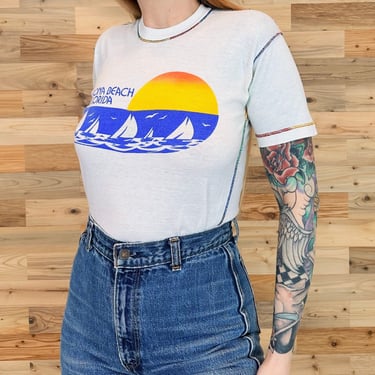 70's Daytona Beach Florida Rainbow Stitch Travel T Shirt 