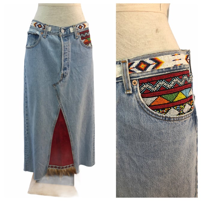 Vintage VTG 1990s 90s Reworked Levi's Denim Beaded Feather Maxi Skirt 