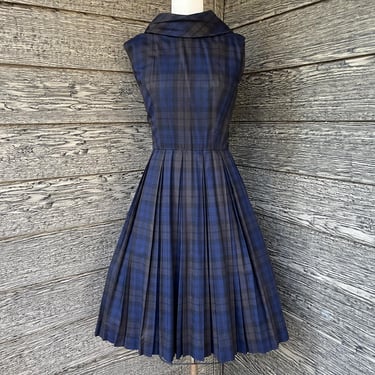 1950s plaid day dress navy sleeveless frock small 