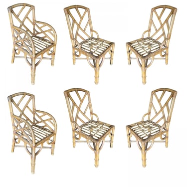 Restored Slat Leg Rattan Dining Chair W/ Geometric Seat by Paul frankl, Set of Six 