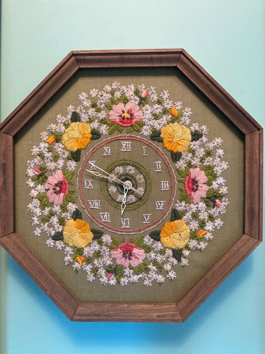 70’s Vintage needlepoint clock green floral octagon VintageCore