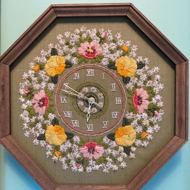 70’s Vintage needlepoint clock green floral octagon 