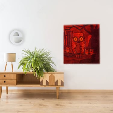 Vintage 70s OWL family Shag Rug or Wall Hanging • Red Orange • Hippie Boho Home Decor • 36