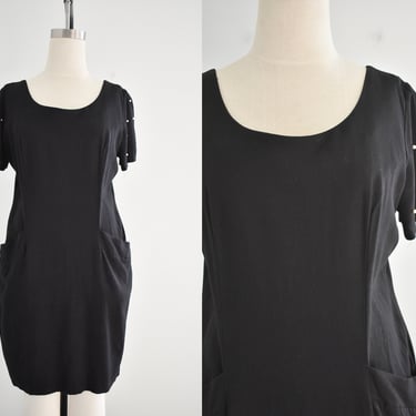 1990s Black Linen Blend Dress with Faux Pearl Studs 