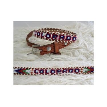 Vintage Colorado Beaded Belt - Souvenir Seed Bead Leather Belt - Native American Style Retro Accessory 