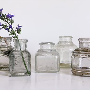 Set of 5 Vintage Ink bottles, Salvaged glass Inkwells, repurposed ink pot vases, windowsill display 
