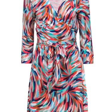 Diane von Furstenberg - Orange, Blue &amp; Multicolor Feather Print Wrap Dress Sz 12