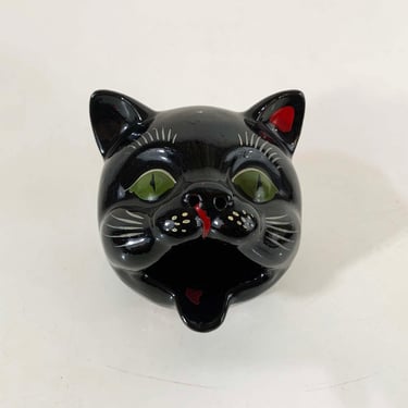 Vintage Shafford Black Cat Open Mouth Ashtray Handpainted Japan Redware Planter Halloween Mid-Century 1950s 