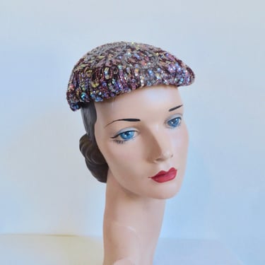 Vintage 1950's Lavender Purple Sequin Beaded Evening Calot Hat Formal 50's Millinery Rockabilly Ogens New York Size 22 