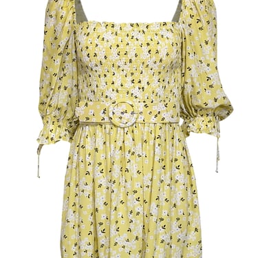 For Love & Lemons - Yellow w/ White & Black Floral Print Puff Sleeve Mini Dress Sz S