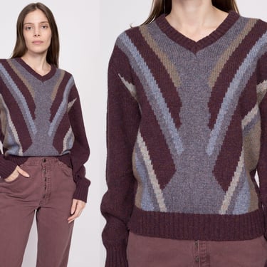 Medium 70s 80s McGregor V Neck Striped Sweater Men's | Vintage Plum Purple Knit Pullover Jumper 