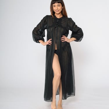 Vintage Long Black Robe 70s Sheer Lingerie Jacket Lace Robe Tent Front Slit Maxi Lingerie Peignoir Sleepwear Intimates 1970s Medium 