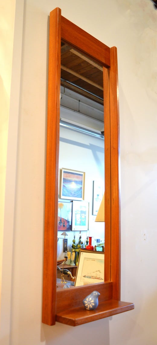 Elegant Teak Tall and Narrow Wall Mirror w/ Shelf MidCentury Modern