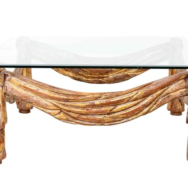 French Wood Carved and Gilded Rope Swag Coffee Table