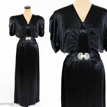 1930s Black Satin Formal Dress | 30s Black Evening Dress | Large 