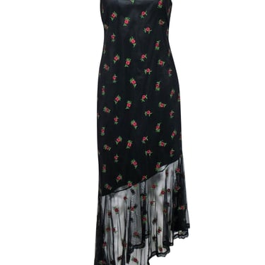 Likely - Black w/ Pink Floral Embroidered Mesh Asymmetrical Hem Dress Sz 10