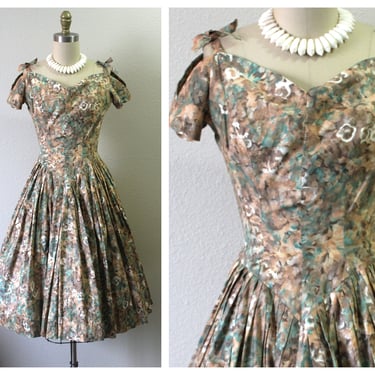 Vintage 50s Salmon Green Watercolor Floral Cotton Day Party Dress Tie Top Shoulders // Modern Size 0 2 xs s 