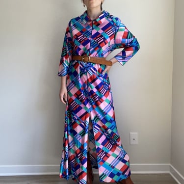 Vintage 1970s Geometric Groovy Psychedelic Rainbow Maxi Pride Dress Size M/L 