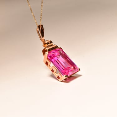 Estate 18K Emerald-Cut Pink Topaz Solitaire Pendant, Geometric Gold , Large Gemstone Pendant, 36mm 