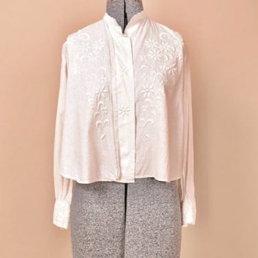 White Antique Victorian Embroidered Blouse With Pleated Detail, XS/S