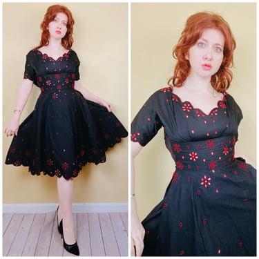 1950s Vintage Black and Red Eyelet Fit and Flare Dress / 50s Cotton Scalloped Peek A Boo Dress / Size Small 