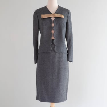 Darling 1960's Ladies Scalloped Grey Wool Suit With Bow / Small