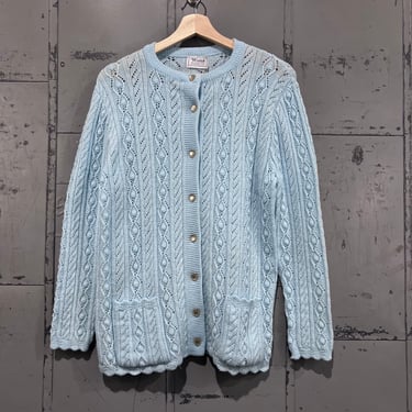 Size woman’s large baby blue  70s brand HandKnit Cableknit Braided Knit Cardigan Wool 1980s Cute Layering Fall Knitwear 1970s 