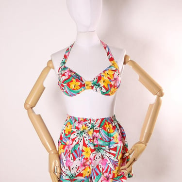 Deadstock 1980s Floral Red, Pink, Green and Yellow Floral Lily Bikini Top with Matching High Waisted Shorts Swimsuit Playsuit by Crystal Bay 