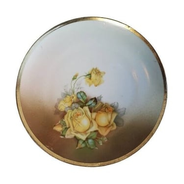 1800's Antique Yellow Rose Bouquet Celeste Germany Gold Gilt Rim Ceramic Plate 