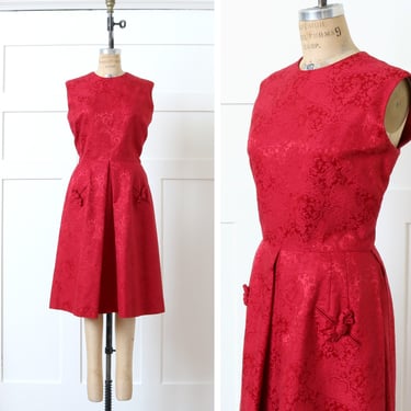 vintage 1960s red brocade dress • sleeveless floral pattern cocktail dress with stylized pockets 