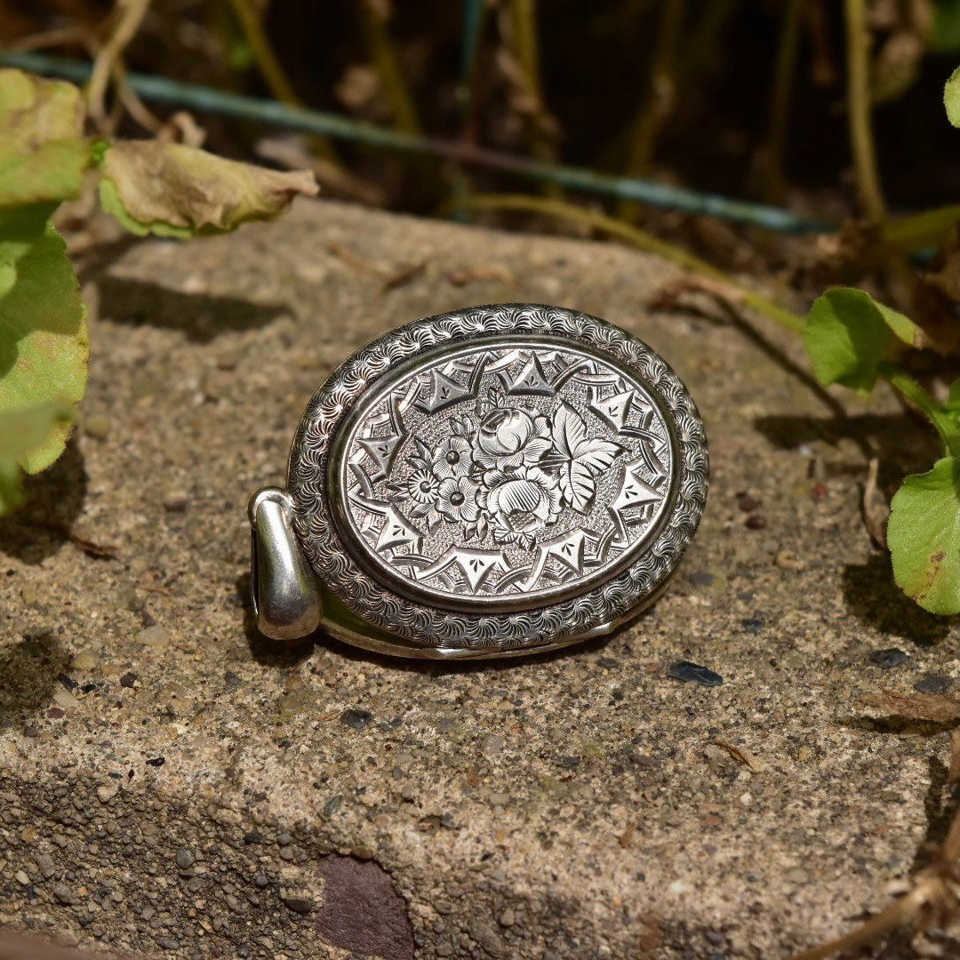 Large Silver Locket Necklace 1977 English Locket Pendant 