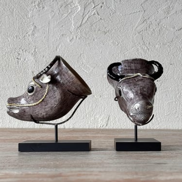 Pair of 19th C. Chinese Export Painted Rhytons of Water Buffalos