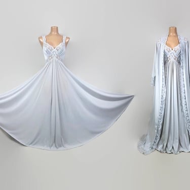 VINTAGE 80s Light Blue OLGA Peignoir Set | Stretch Nylon Lace 230" Grand Sweep Nightgown & Robe | Wedding Bridal Lingerie | Small 9294 9702 