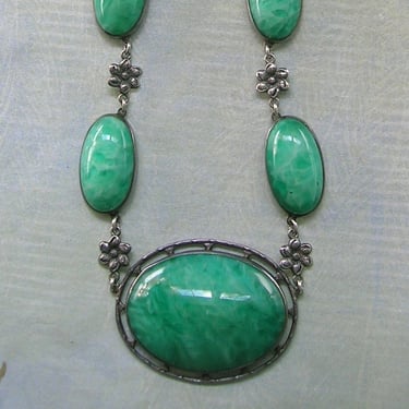 Antique Sterling 1920's Art Deco Necklace With Green Peking Glass Cabochons, Antique Sterling Deco Necklace, Old Sterling Necklace (#4382) 