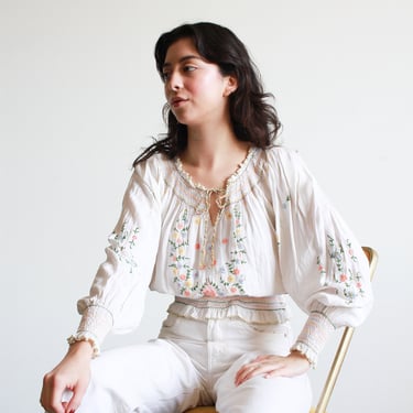 Vintage 1940s White Rayon Hungarian Embroidered Blouse 