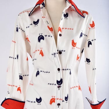 60's CHICKEN PRINT DRESS Lillian Lehrman Vintage Long Shirt Dress 1970's, 1960's Cotton Mod style 