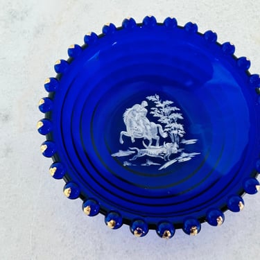 Antique Cobalt Blue Art Nouveau Candy Dish Sterling Silver Overlay Hunter with Dogs Venetian Czech Bohemia Glass Art Glass ball rim 