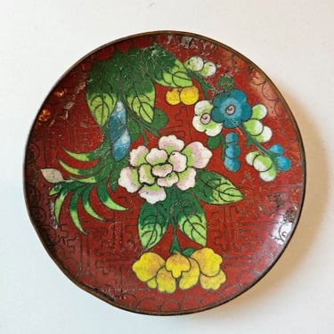 Cloissone Plate, Floral Plate, Vintage Plate, Decorative Plate, Decorative Saucer, Vintage China, Metal and Ceramic Plate, Red Teal Saucer 