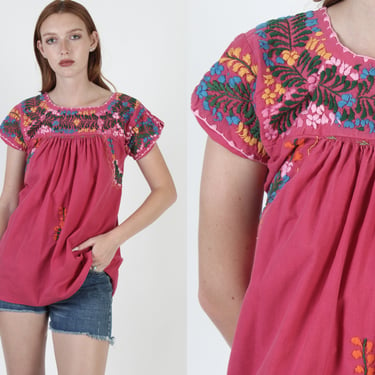 Pink Cotton Oaxacan Tunic / Crochet Trim Mexican Blouse / A Line Made In Mexico Blouse / Womens Ethnic Hand Embroidered Shirt 