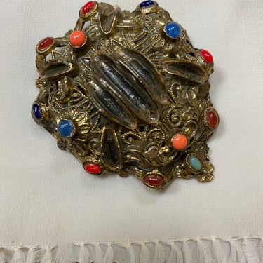 1930s dress clip, vintage jewelry, brass fur clip, statement, huge, jeweled, victorian revival, Art Deco jewelry, pendant, brooch 