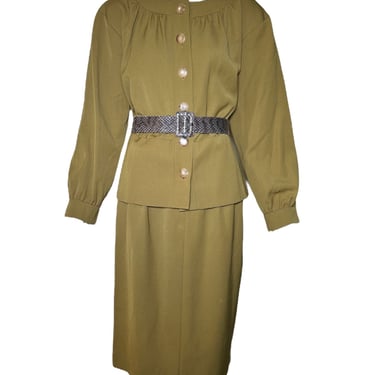 Yves Saint Laurent 80s Haute Couture Khaki Green Ensemble w/Lizard Belt