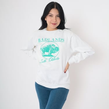 80s Badlands South Dakota Sweatshirt Buffalo Sweatshirt White Crewneck Slouchy 1980s Vintage Animal Wildlife Pullover Medium 