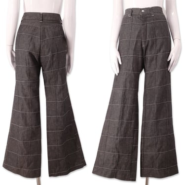 70s black denim patchwork high waist bell bottom jeans 32 / vintage 1970s checkerboard elephant bell flares pants XL 14 