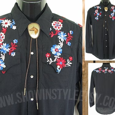 Vintage Western Retro Men's Cowboy and Rodeo Shirt by Rockmount, Black with Embroidered Blue & Red Flowers, Tag Size 15.5  (see meas. photo) 