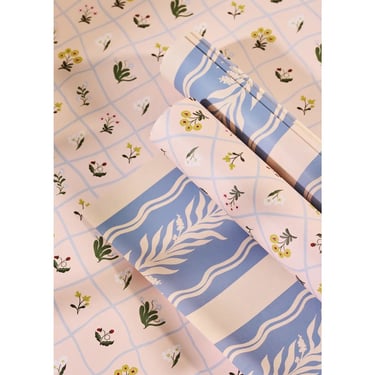 Floral Trellis and Blue Vine Stripe Double Sided Gift Wrap