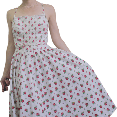 70s White Red Rose Floral Dress Open Tie Back Vintage By Lanz