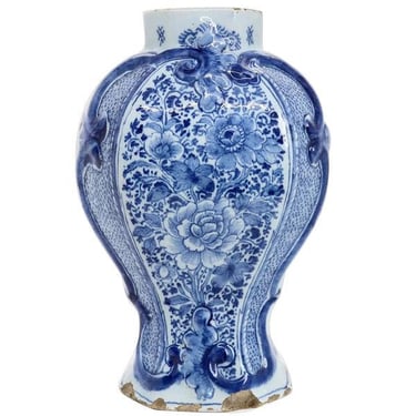 1770's Antique Delft Pottery Blue and White Baluster Garniture Vase 