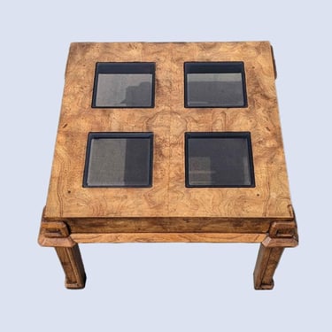 Vintage Side End Table, Square, Burl Wood, Smoked Glass, Solid Wood, Mid Century, MCM, Postmodern 