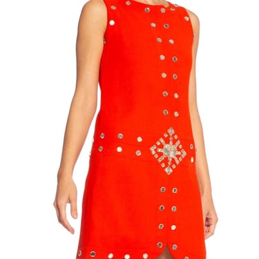 1960'S AZZARO Coral Red Haute Couture Wool Crepe Mod Cocktail Dress With Antique Mirror Gems 
